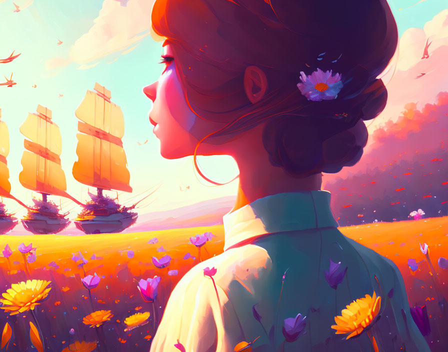 Woman's profile against flower field, ships on horizon, sunset sky