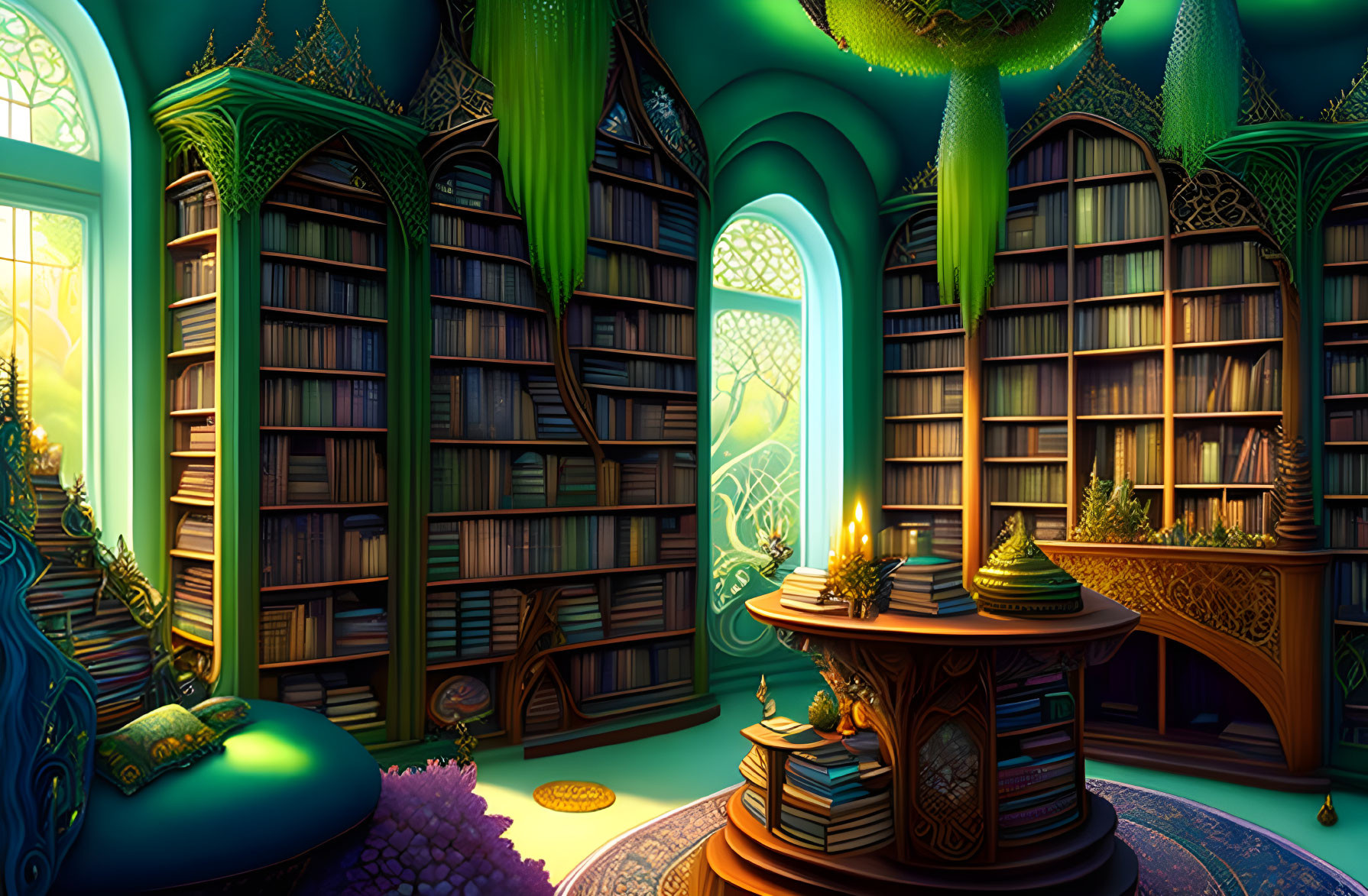 Fantasy library with towering bookshelves and stained-glass windows