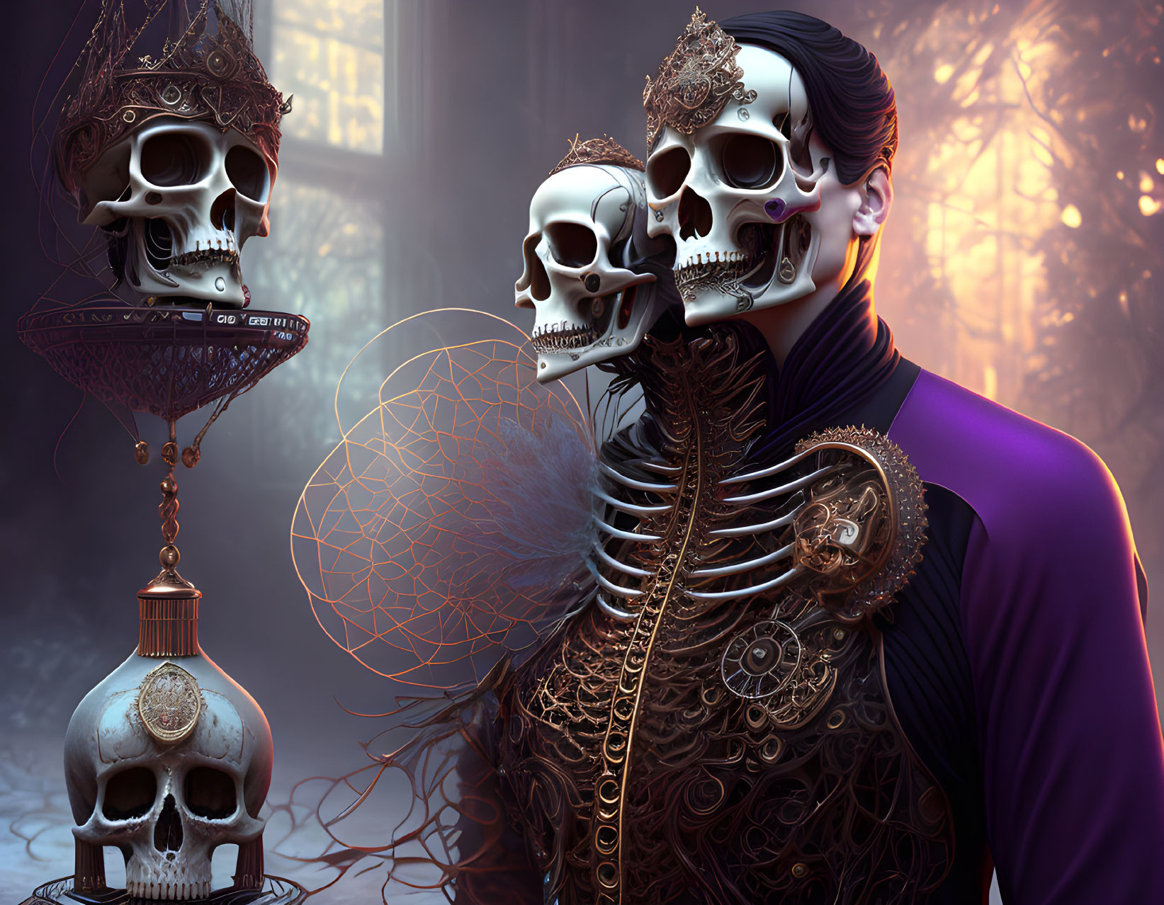 Ornate skeletal figures with intricate jewelry in misty backdrop