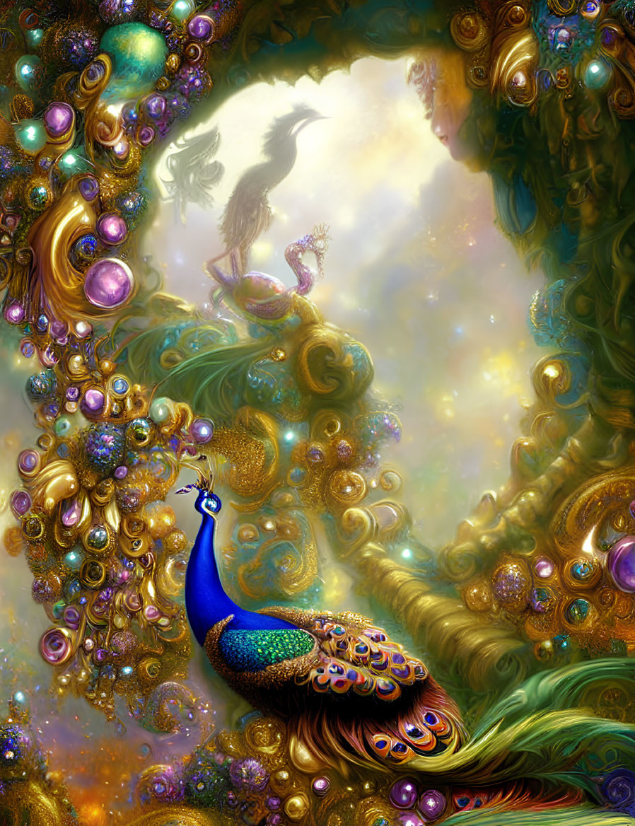 Colorful Peacock Surrounded by Gems and Unicorn in Golden Setting