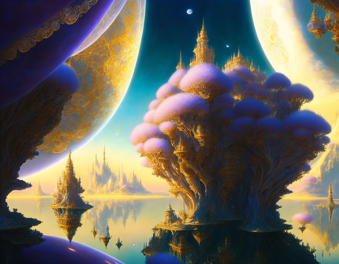 Luminescent trees, grand castle, moonlit waters in fantastical landscape