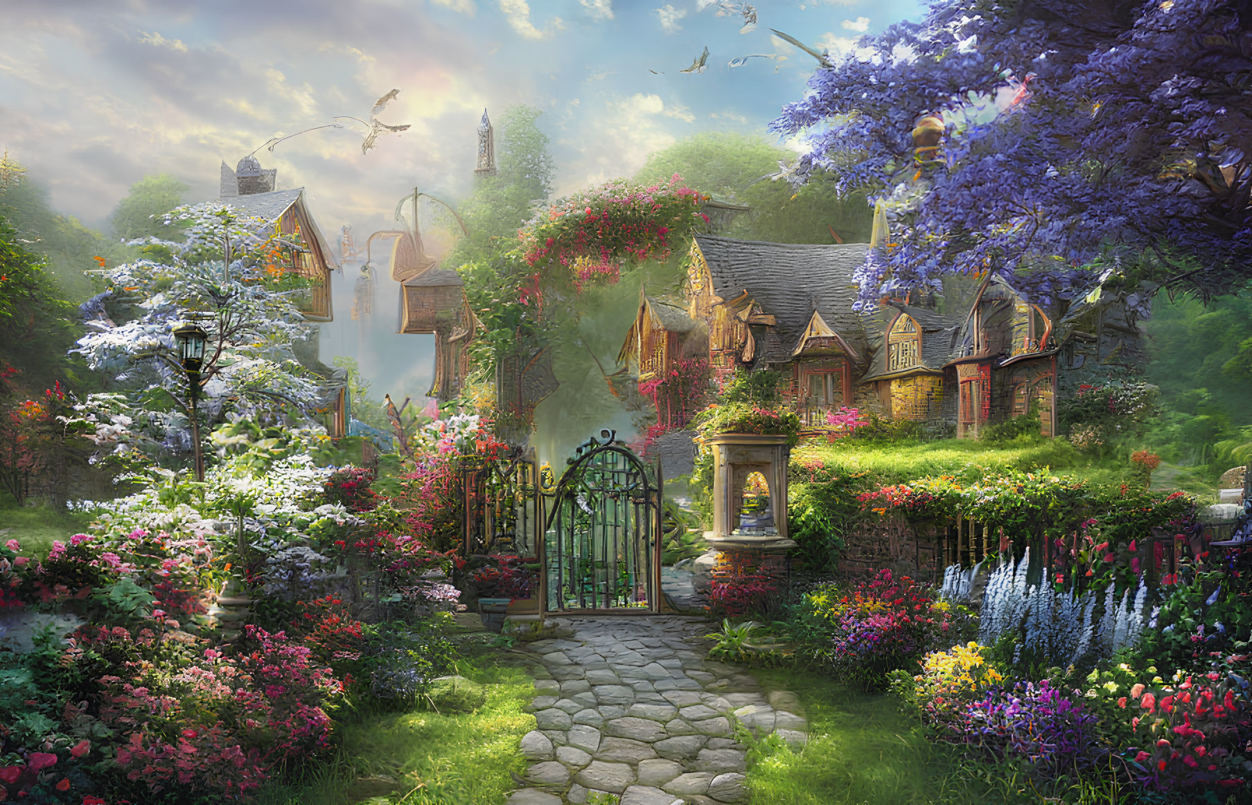 Whimsical garden path to quaint stone cottage with colorful flowers