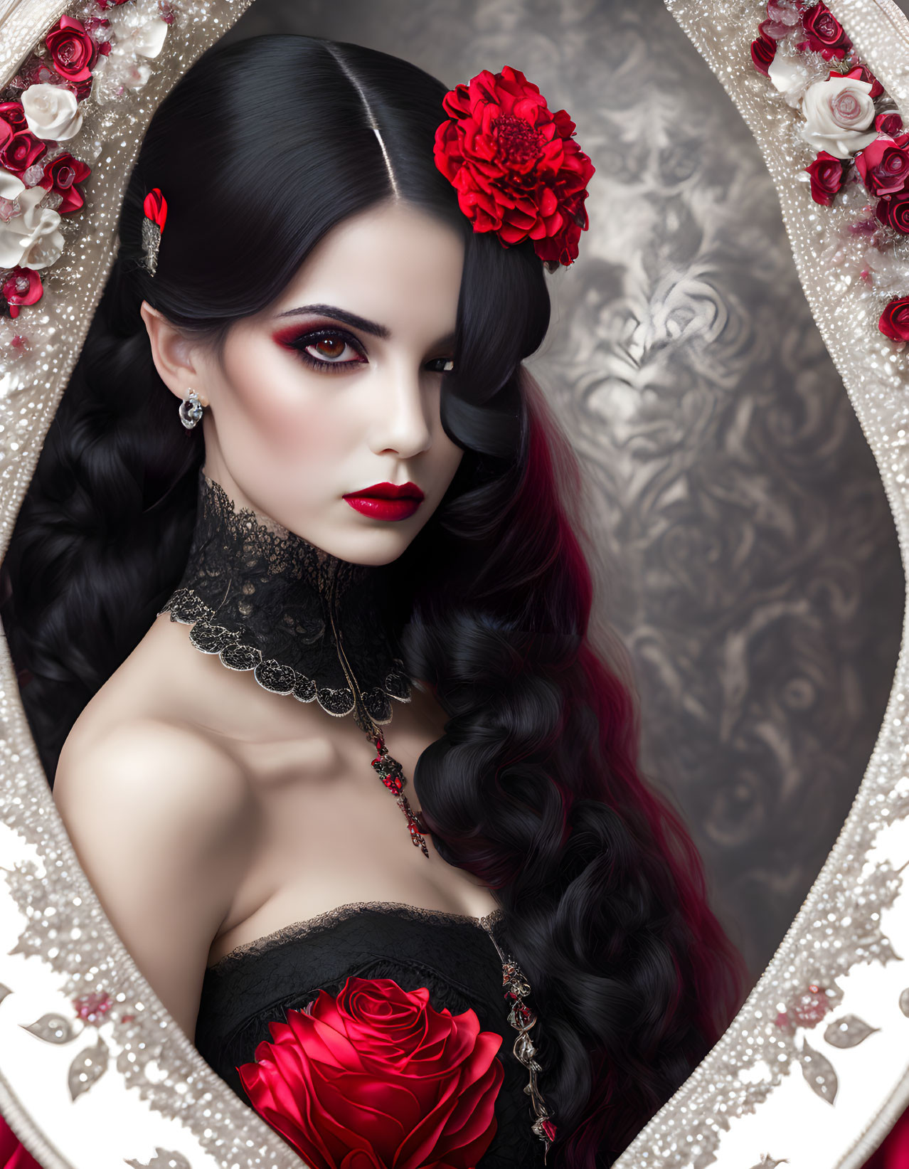 Dark-haired woman with red lipstick and flower in hair gazes in ornate mirror surrounded by roses