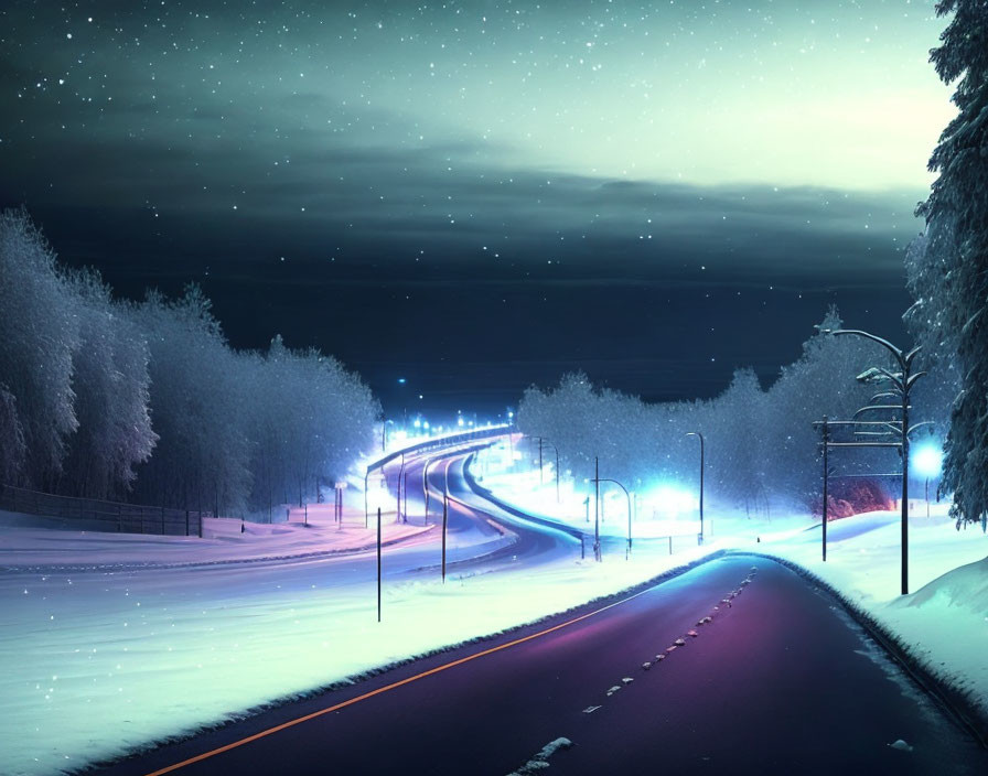 Snowy night scene: winding road, streetlights, snow-covered trees, starry sky