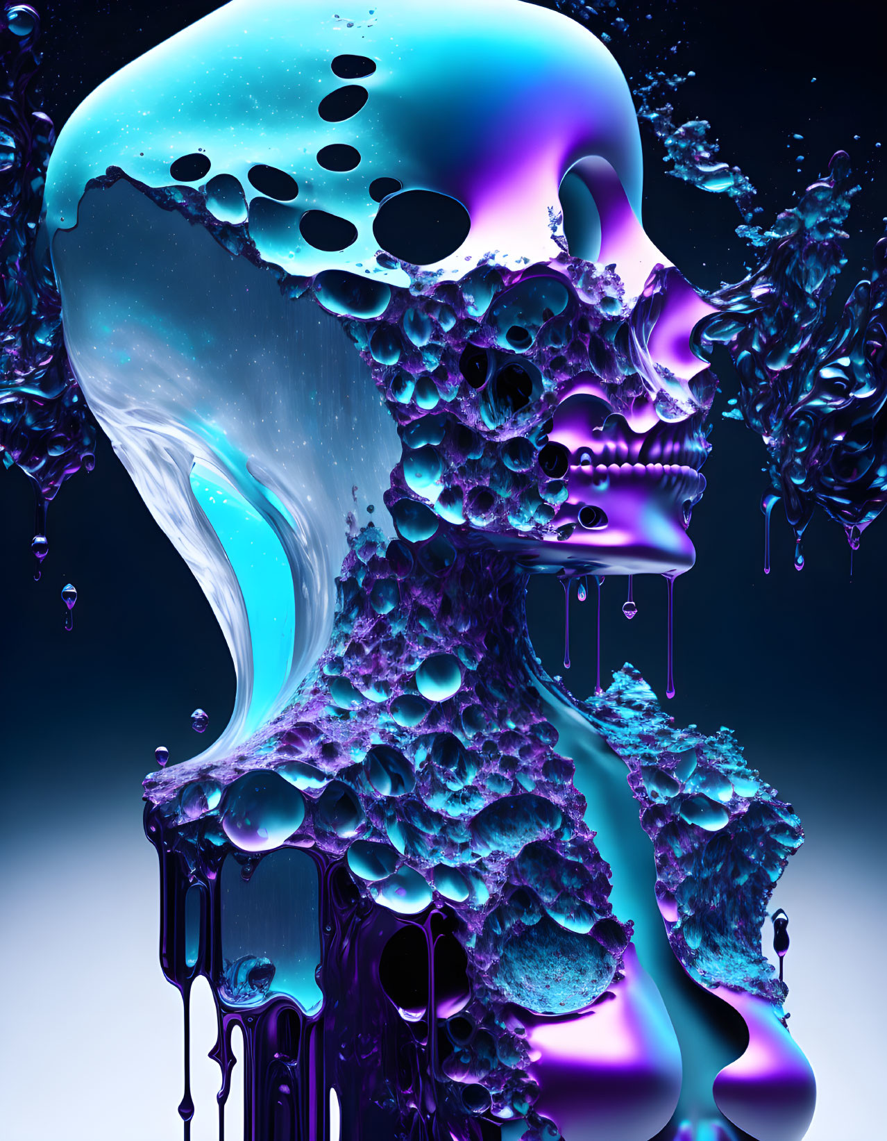 Surreal digital artwork: Skull melting into blue liquid shapes