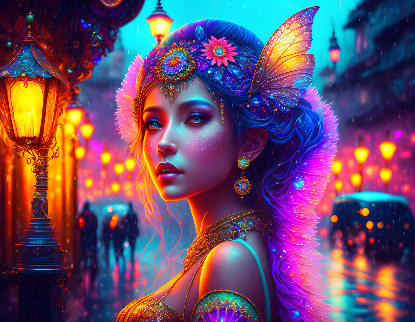 Colorful fantasy female figure with butterfly wings in bokeh cityscape at night