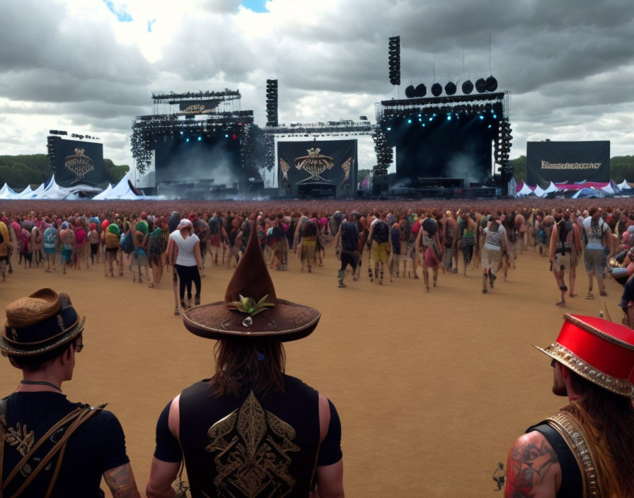 Crowded music festival scene with unique hats and casual attire