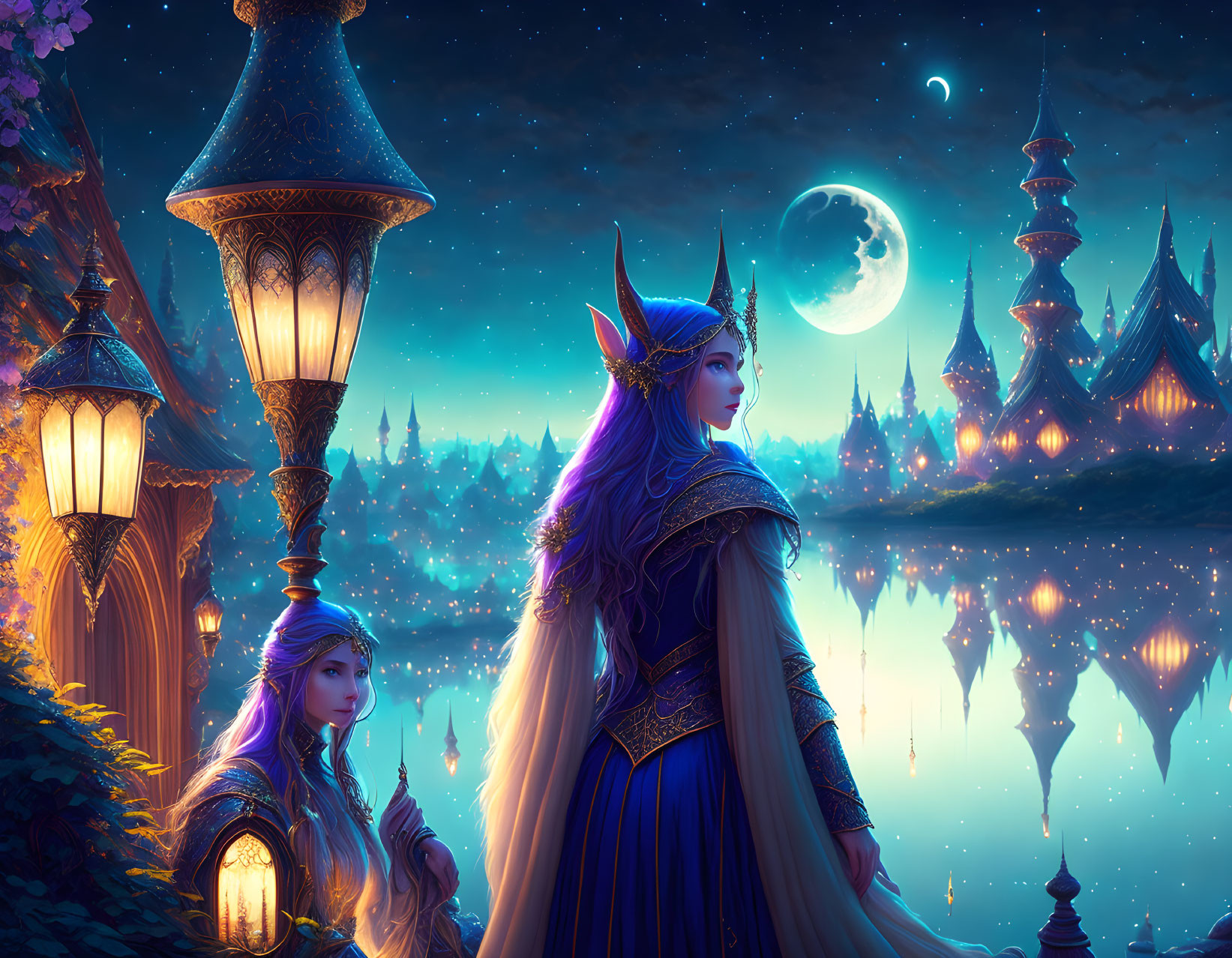 Fantastical city scene with two elves under moonlit sky