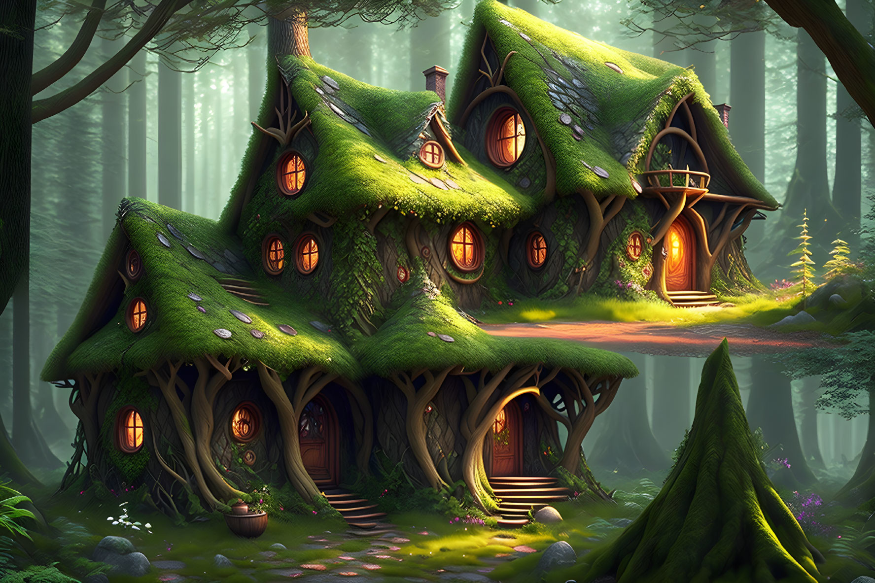 Whimsical treehouse in enchanted forest with glowing windows