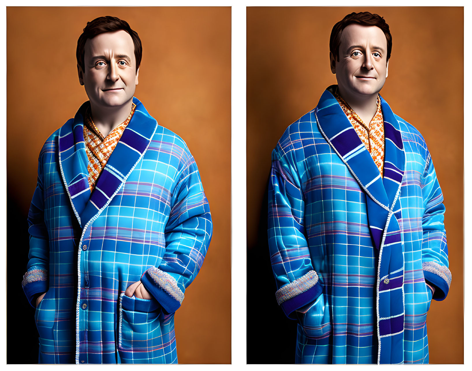 Man in Blue and Orange Plaid Coat with Scarf Against Orange Background