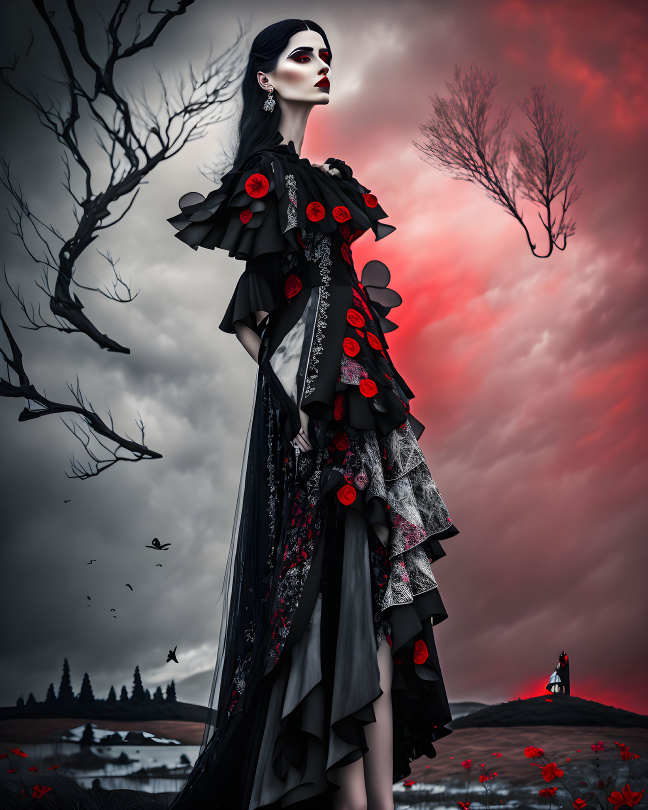 Gothic-inspired woman in black dress under crimson sky with tree and lighthouse