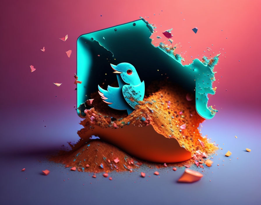 Turquoise bird emerging from overturned paint bucket with dynamic splashes