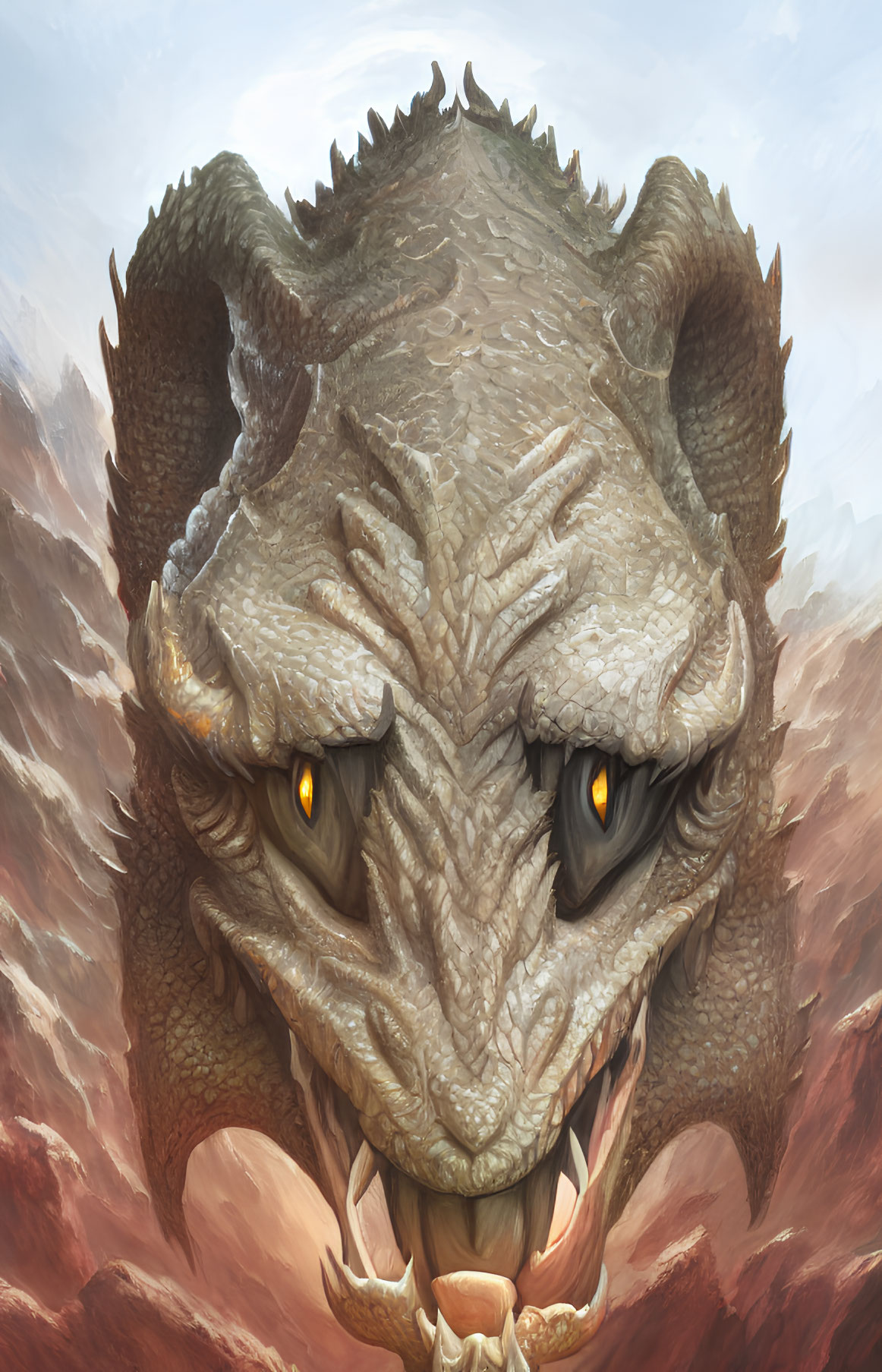 Detailed Dragon Head Illustration with Textured Scales and Sharp Teeth