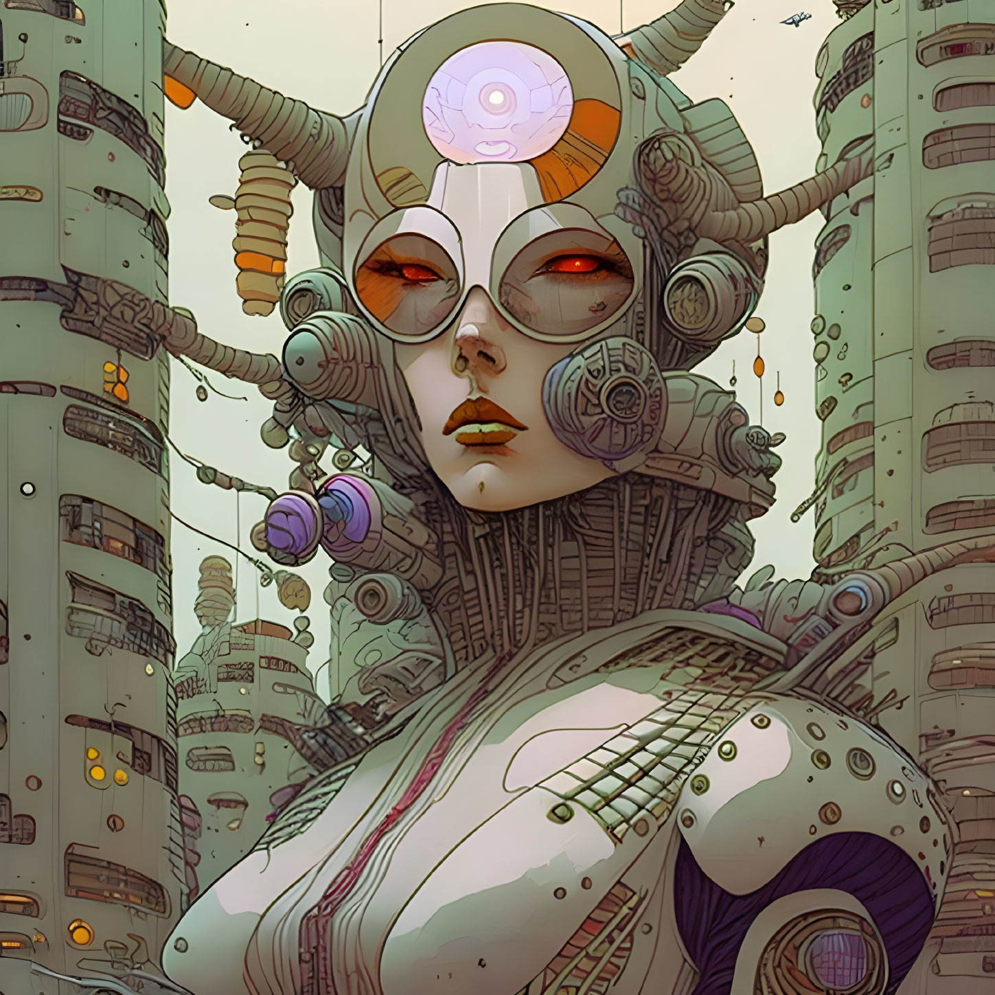 Intricate futuristic female robot in sci-fi cityscape