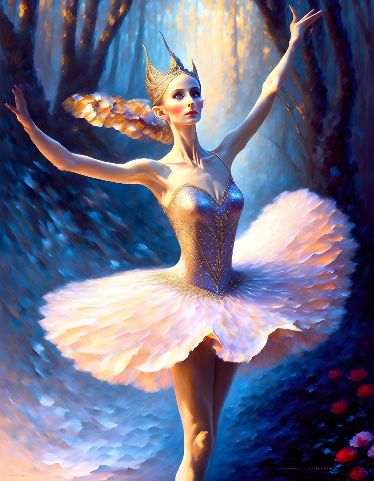 Fantasy ballerina in sparkling costume with butterfly wings on blue backdrop