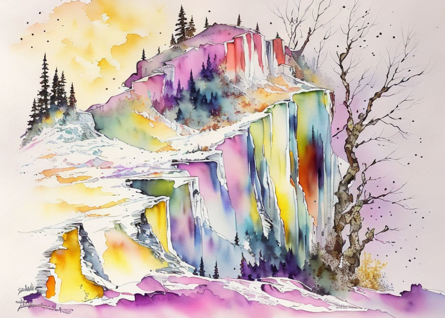 Vibrant watercolor painting of colorful cliff and waterfalls