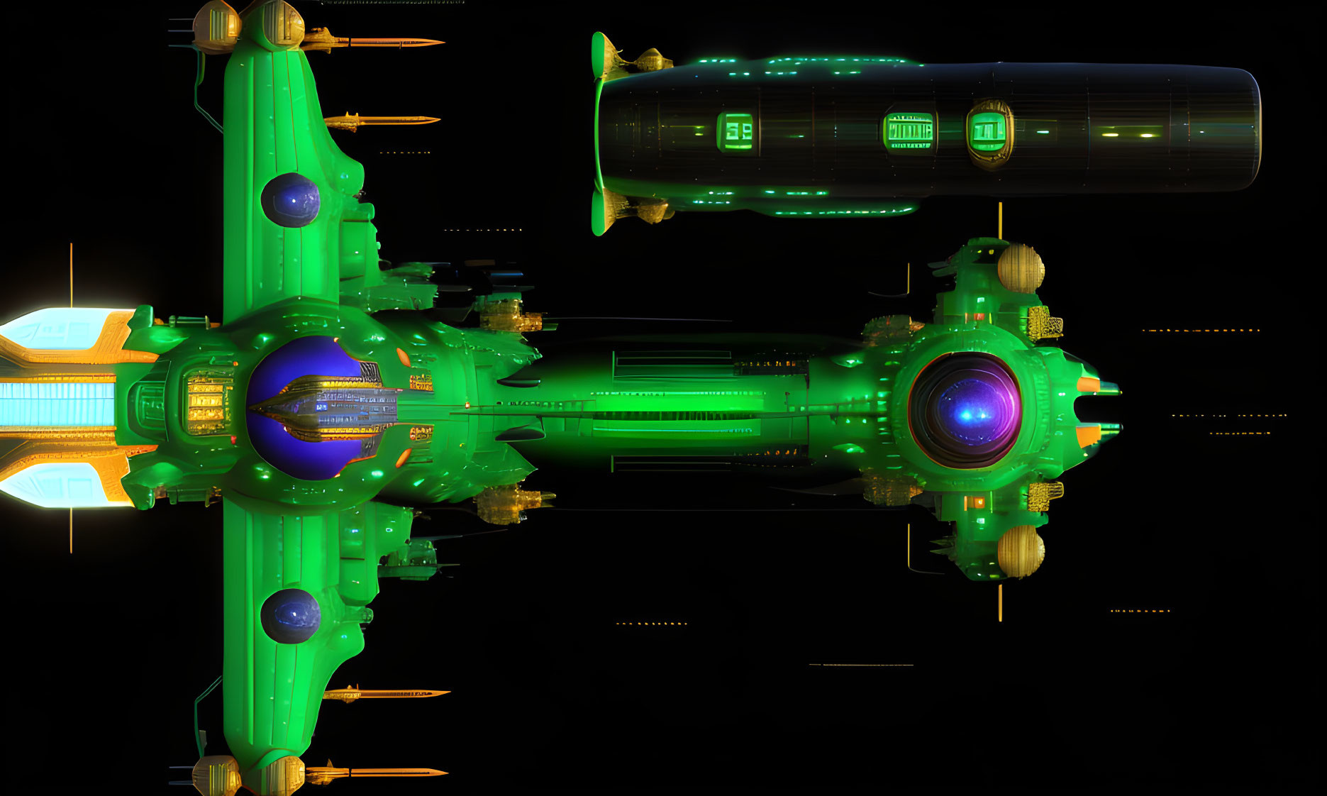 Detailed Green Spacecraft with Multiple Engines and Antennas on Starry Background