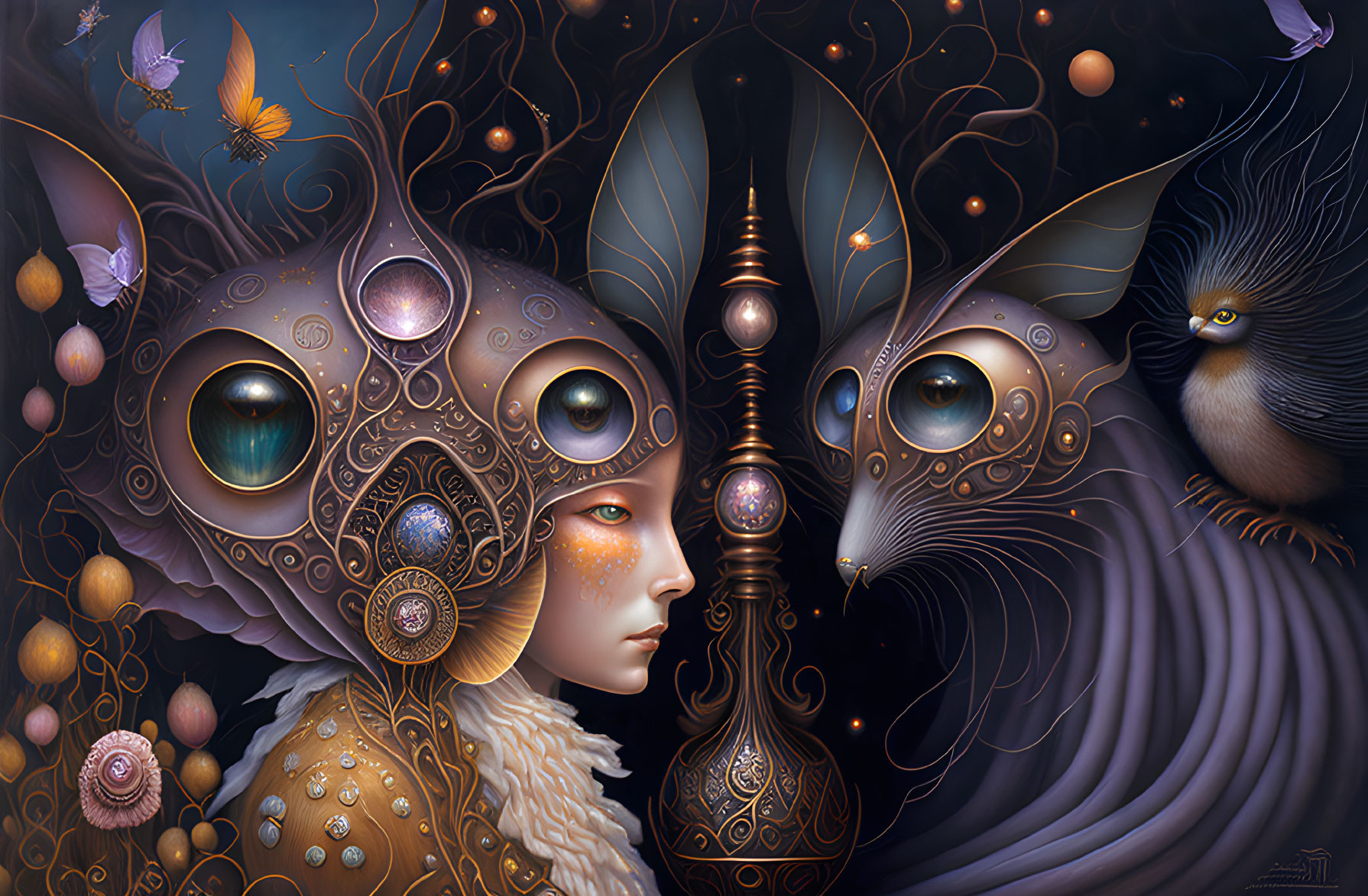 Fantastical artwork: Person with owl-like qualities, intricate patterns, orbs, bird, butterflies