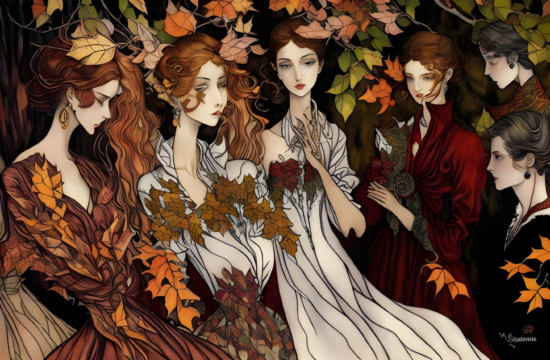 Ethereal women in autumn leaf attire, mystical ambiance