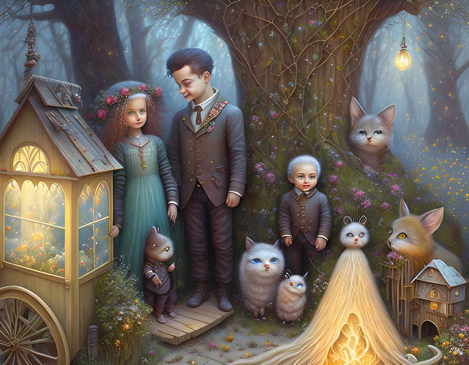 Anthropomorphic animals and children in formal attire with lanterns near fantastical treehouses