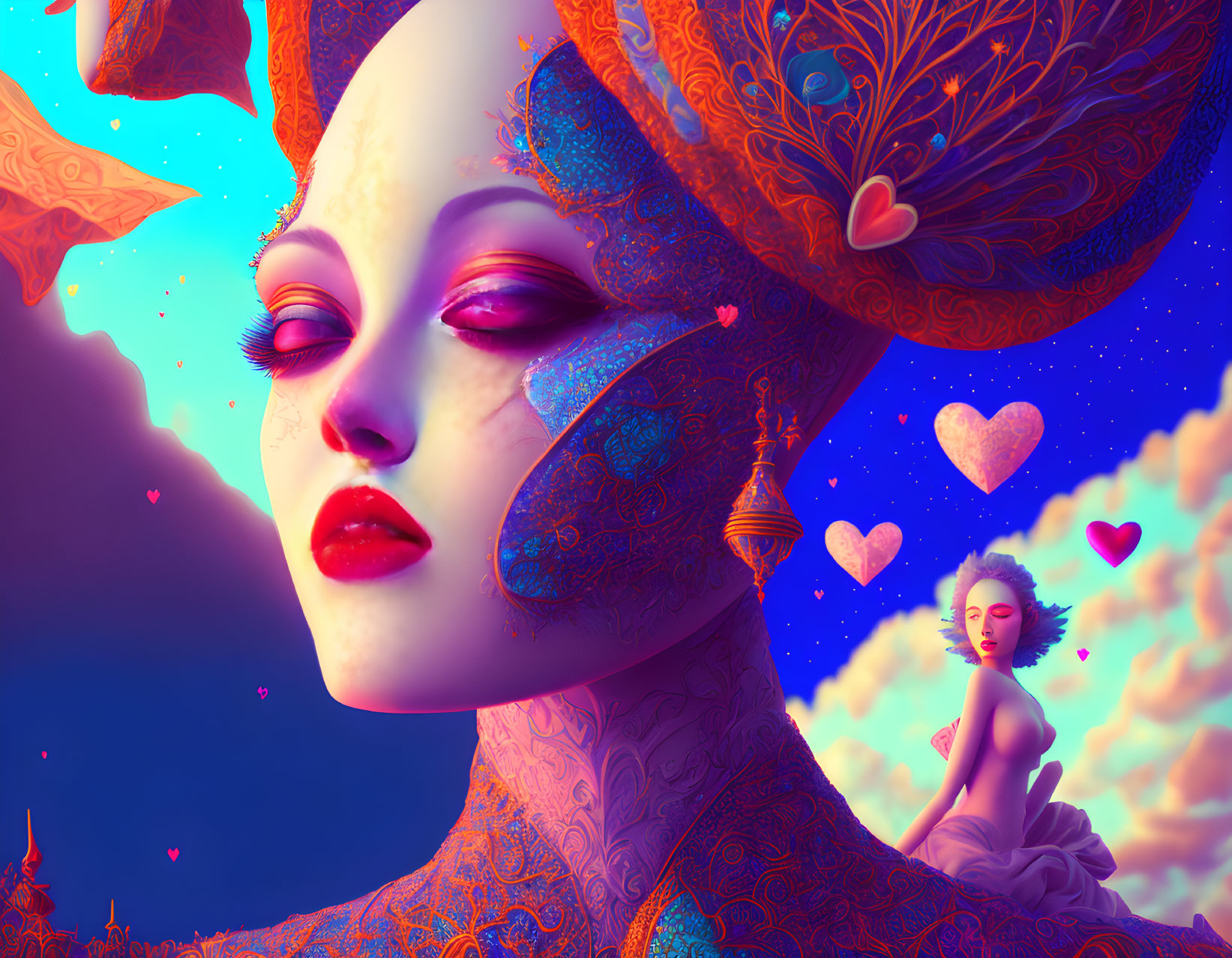 Surreal Artwork: Woman with Blue Skin and Elaborate Headpiece in Cloudy Heart