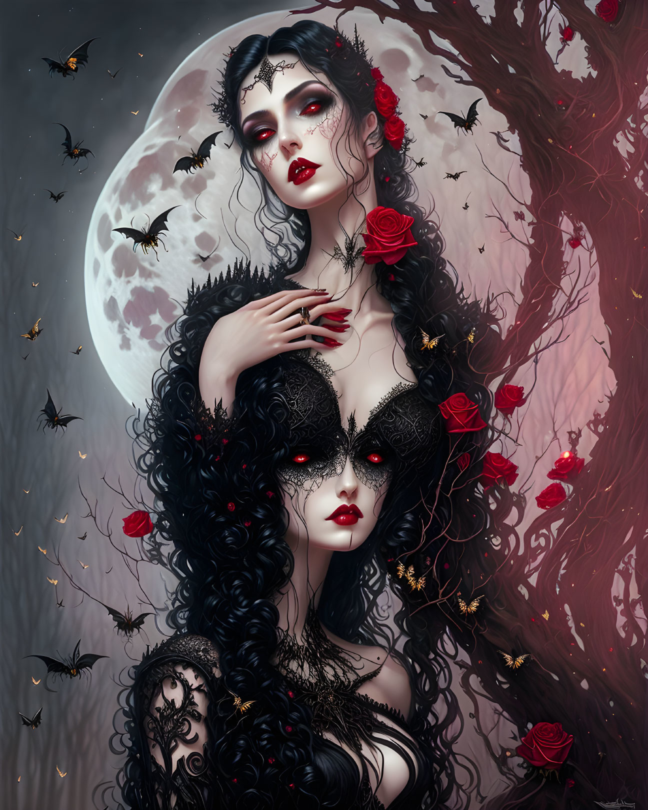 Illustration of gothic woman with roses in dark lace outfit under moonlit night