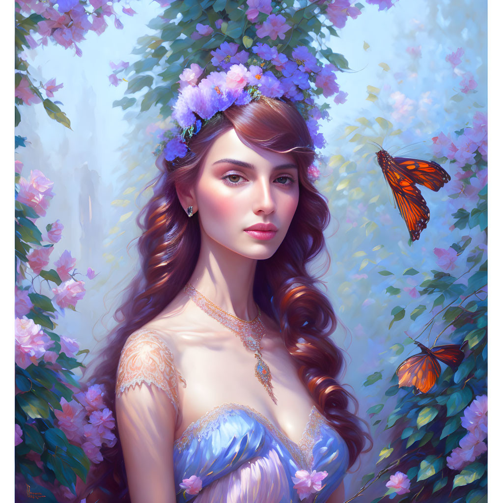 Digital artwork: Woman with floral wreath, butterflies, and blossoms