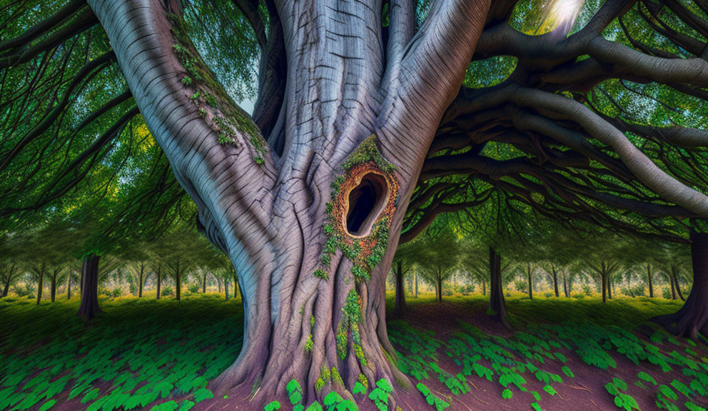 Majestic tree with intricate bark in lush forest