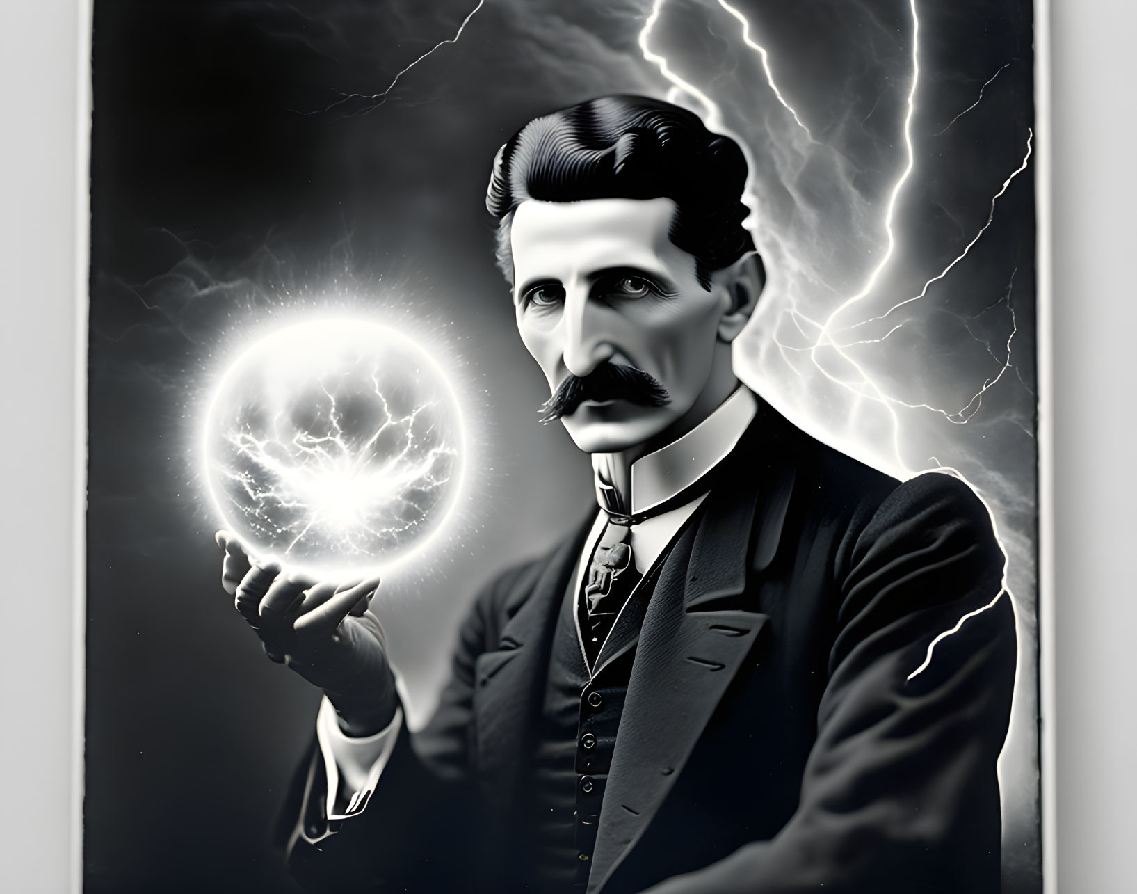 Monochrome portrait of man with mustache holding glowing orb and lightning bolts