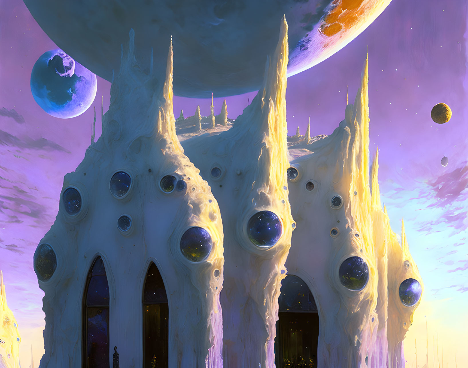 Alien citadel with spire-like structures and round windows under a sky with multiple planets and moons