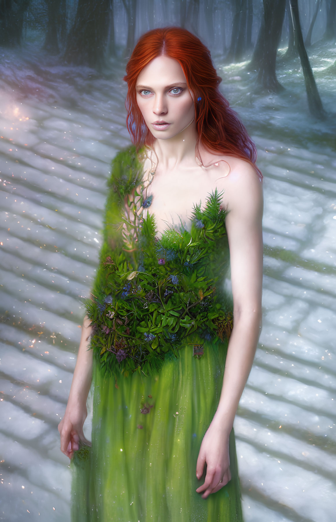 Red-haired woman in green gown in mystical forest scene