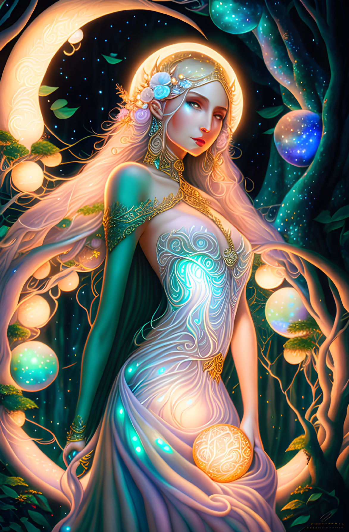 Ethereal woman in luminescent gown in mystical forest with orbs and crescent moon