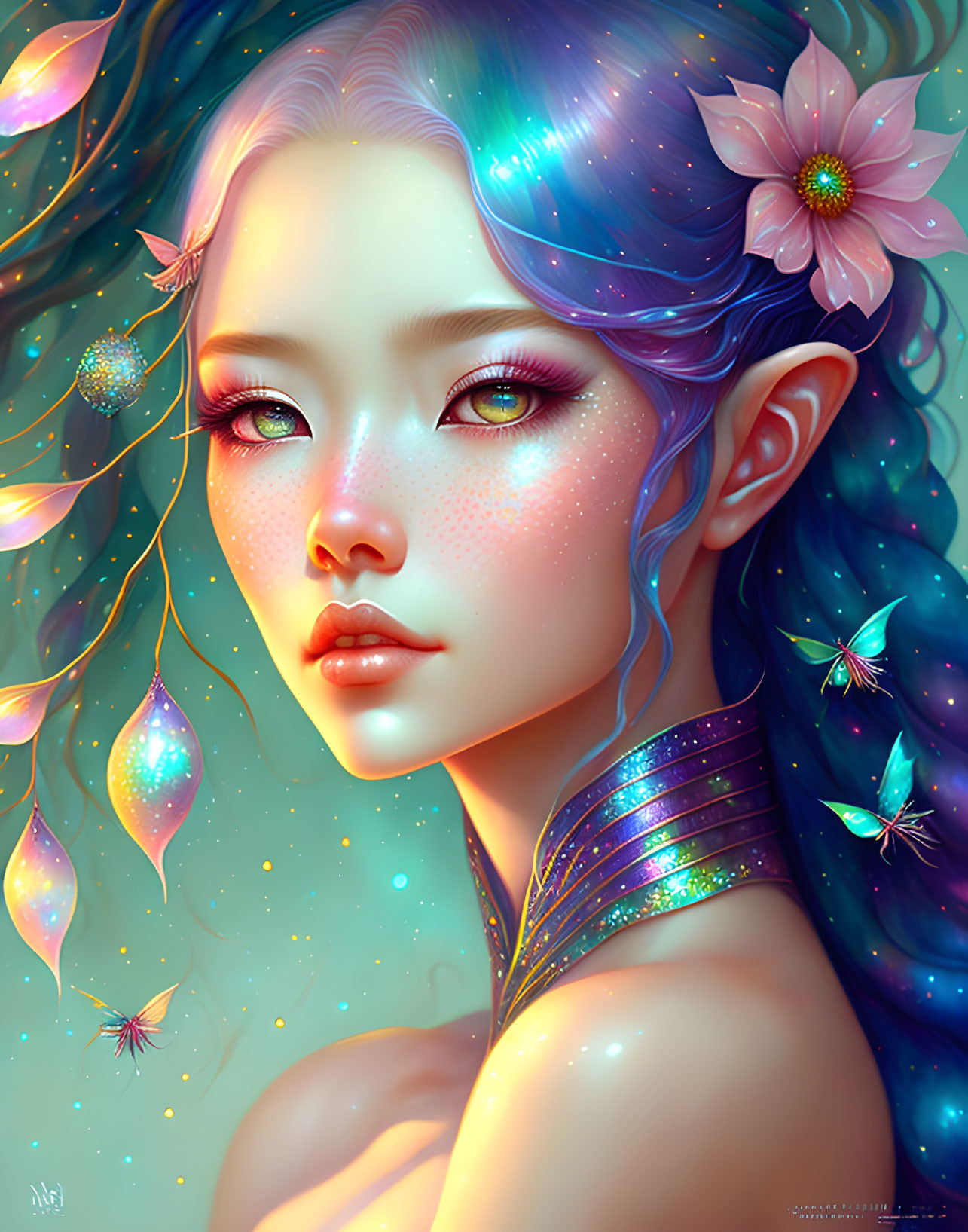 Fantastical female digital portrait with pointy ears and radiant blue hair surrounded by glowing butterflies and colorful