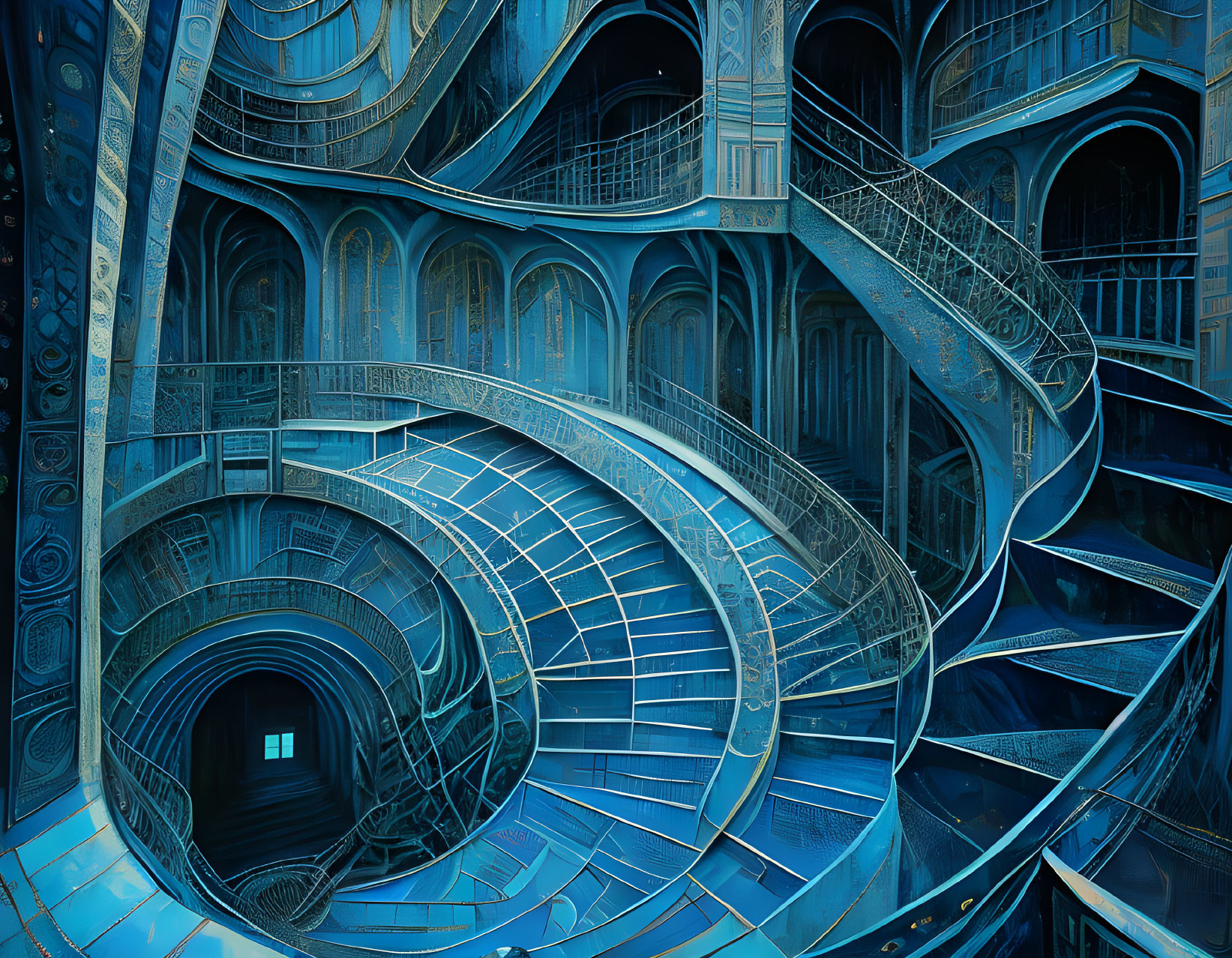 Blue Escheresque Architectural Vortex: Intricate Staircases and Arches