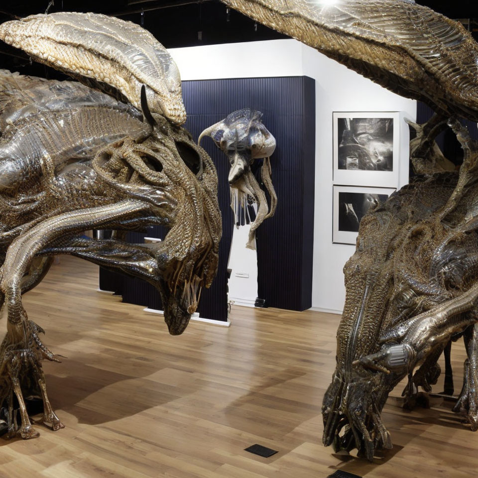 Intricate Metallic Dragon Sculptures in Art Gallery