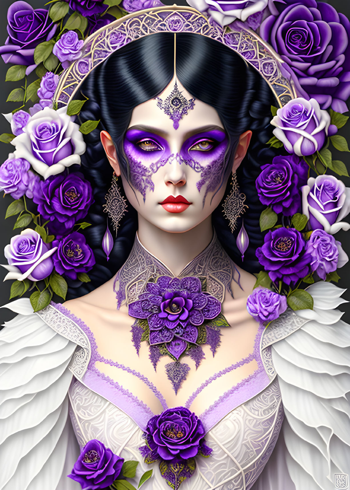 Gothic fantasy portrait of pale woman with purple roses, intricate face paint, headdress, and