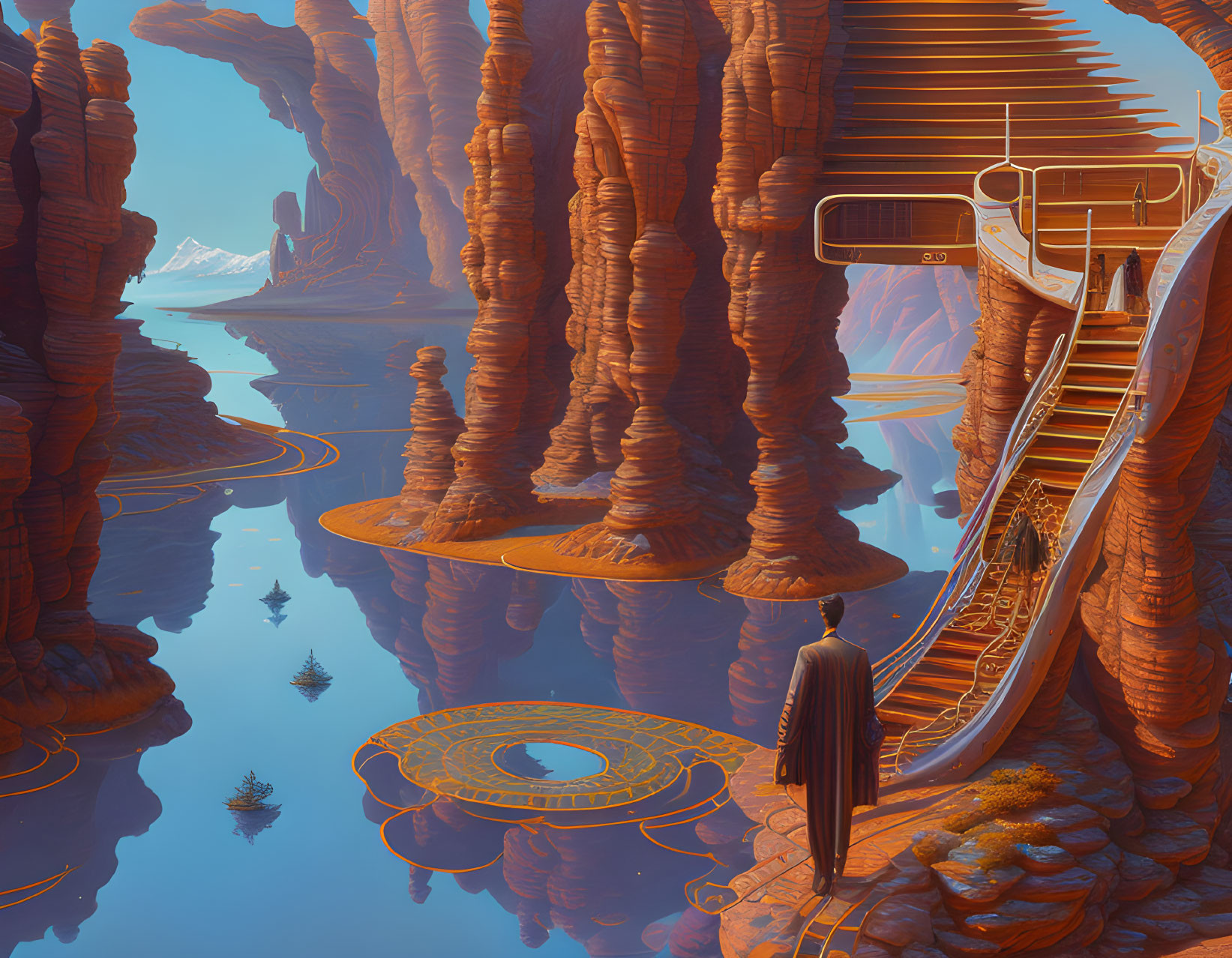 Person in cloak on rock formation gazes at surreal landscape with orange pillars, reflective water, futuristic structures