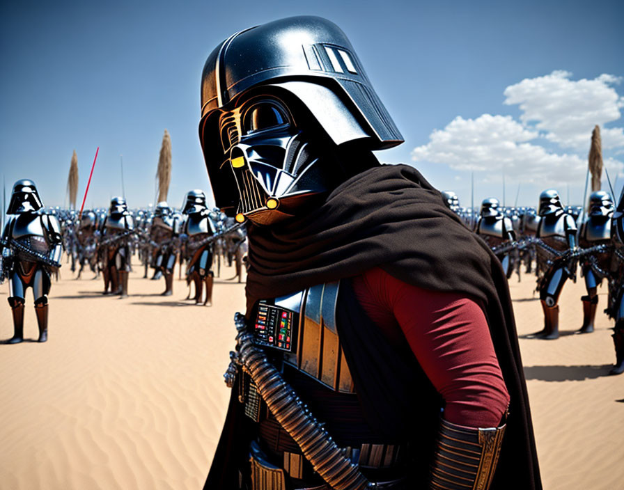 Group in Darth Vader and stormtrooper costumes on sandy terrain