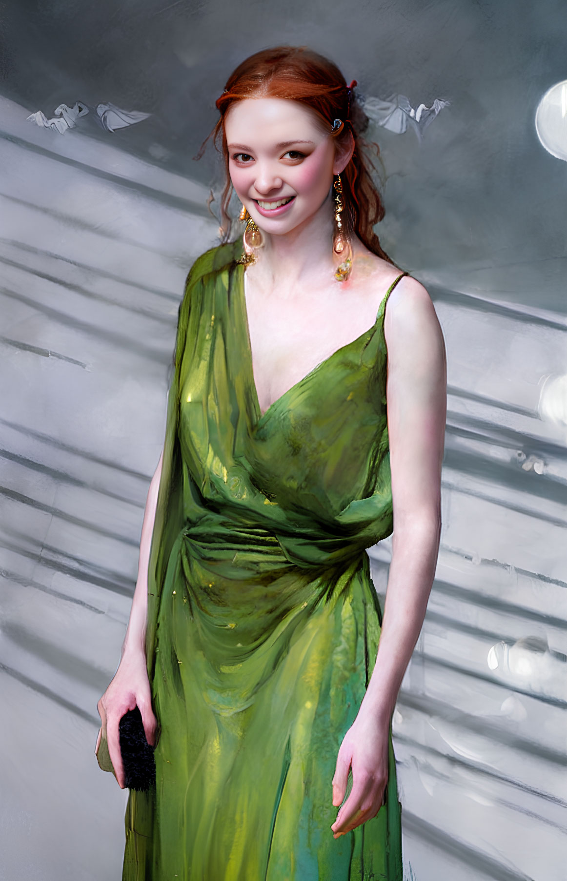 Ginger-Haired Woman in Green Dress with Butterflies and White Lines