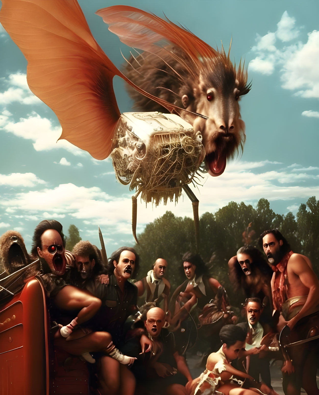 Ancient warriors alarmed by flying lion-faced creature