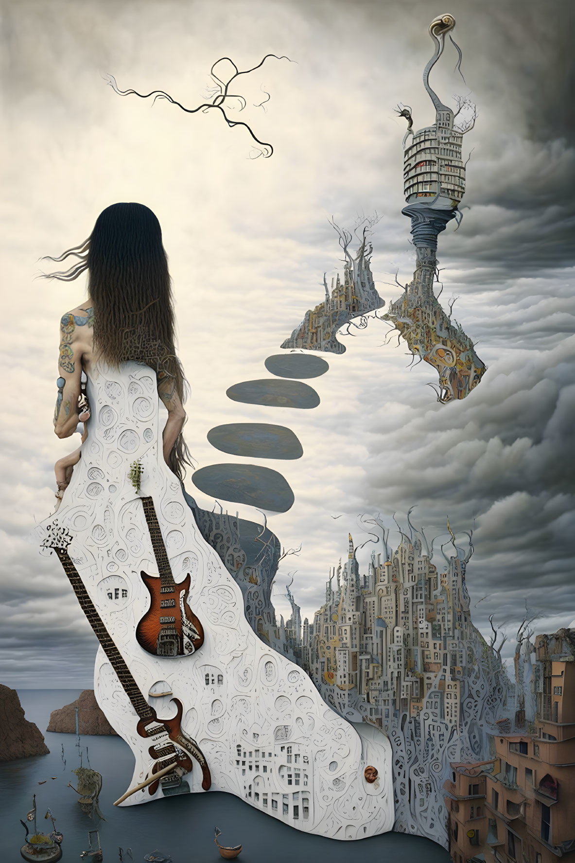 Tattooed woman with guitar in surreal cityscape