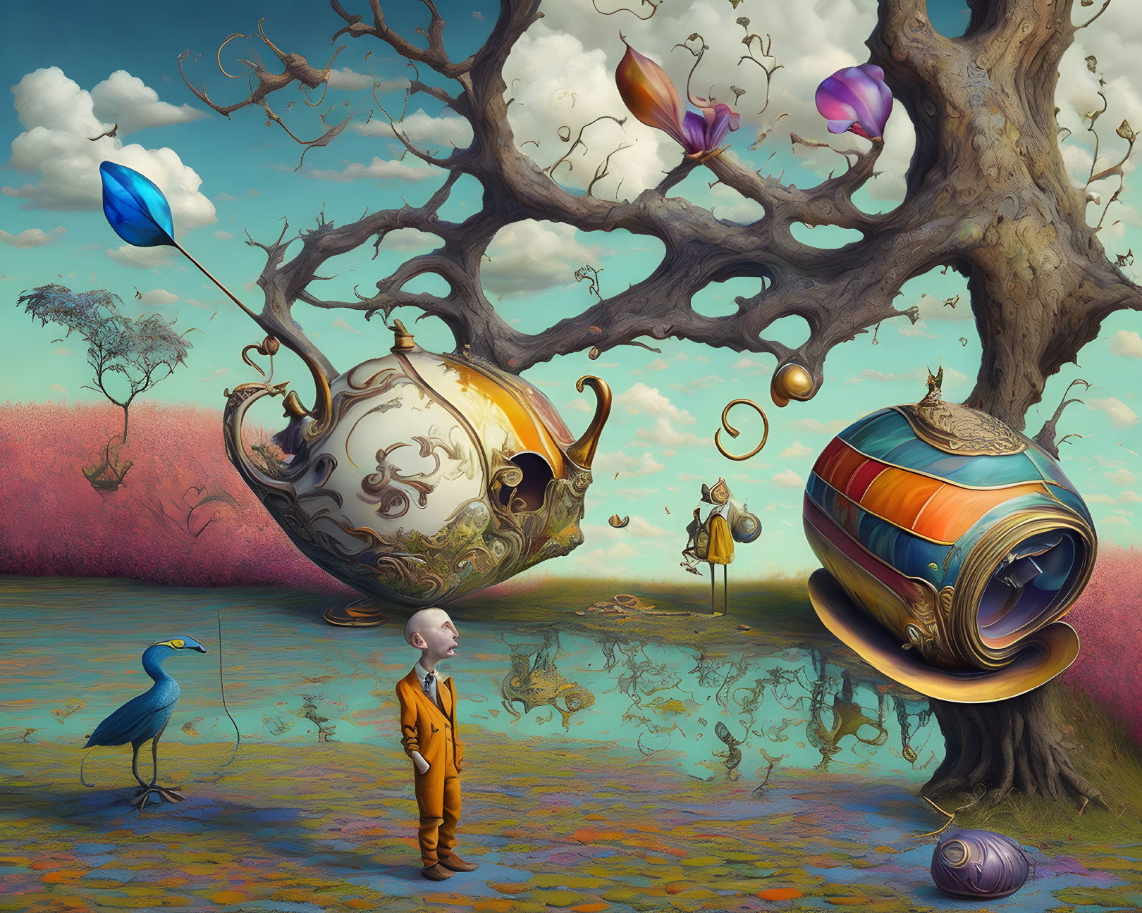 Surreal landscape with bald man, flying book, teacup, blue bird, whimsical