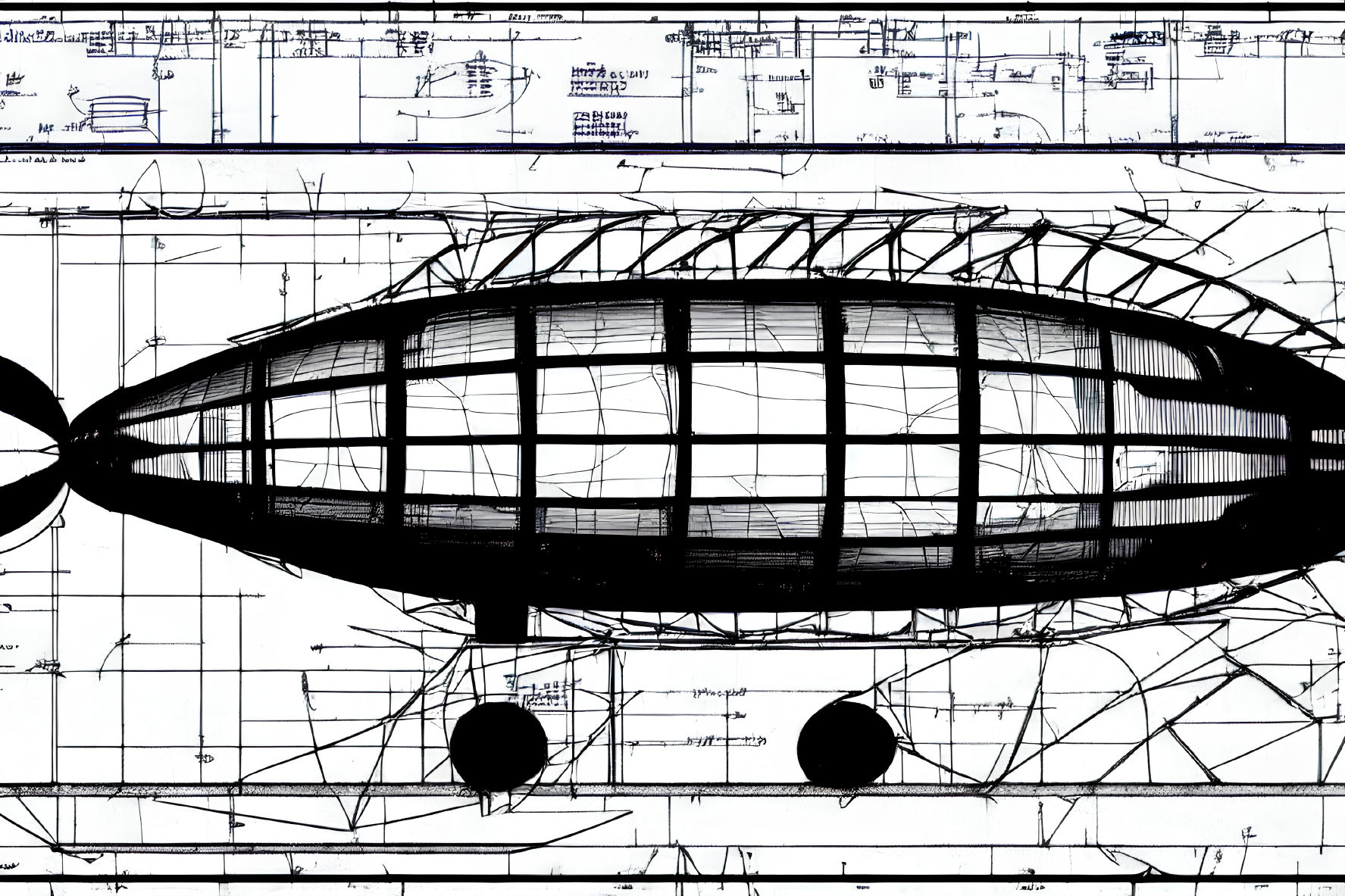 Detailed black and white airship blueprint with intricate designs.