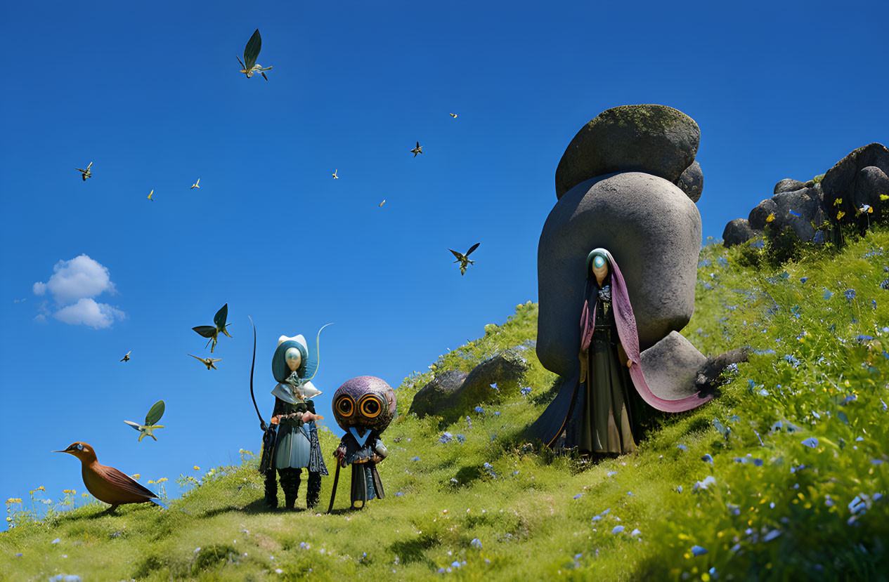 Stylized characters, bird, butterflies in vibrant meadow with stone face structure