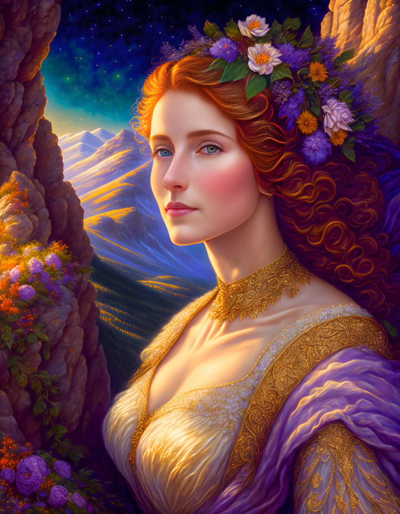 Ethereal woman with floral crown in mountain landscape