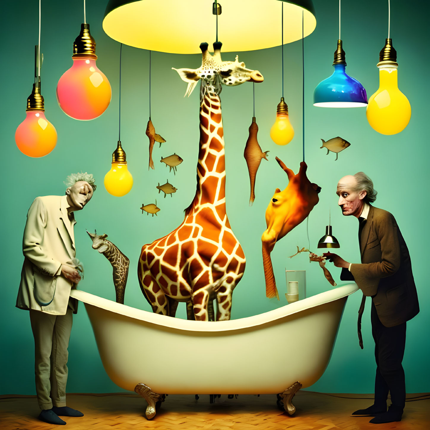 Surreal scene: two men, bathtub, giraffe, goldfish, light bulbs on teal