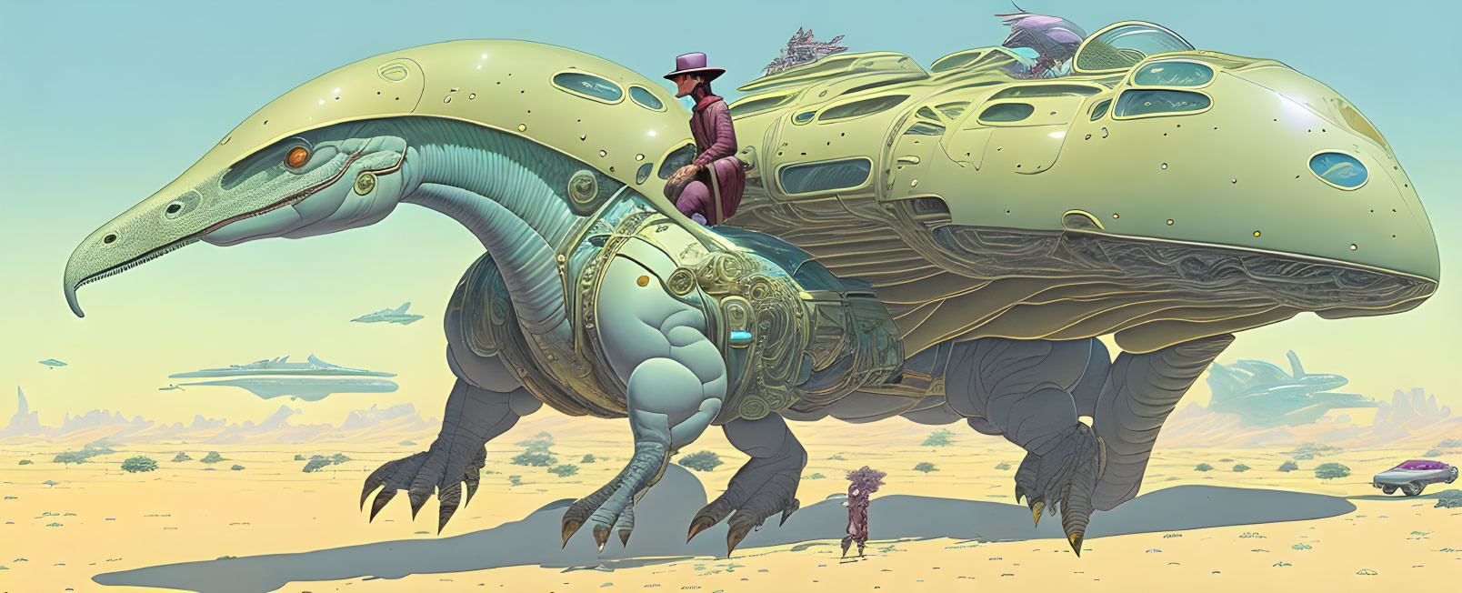 Person riding mechanical dinosaur in futuristic desert landscape