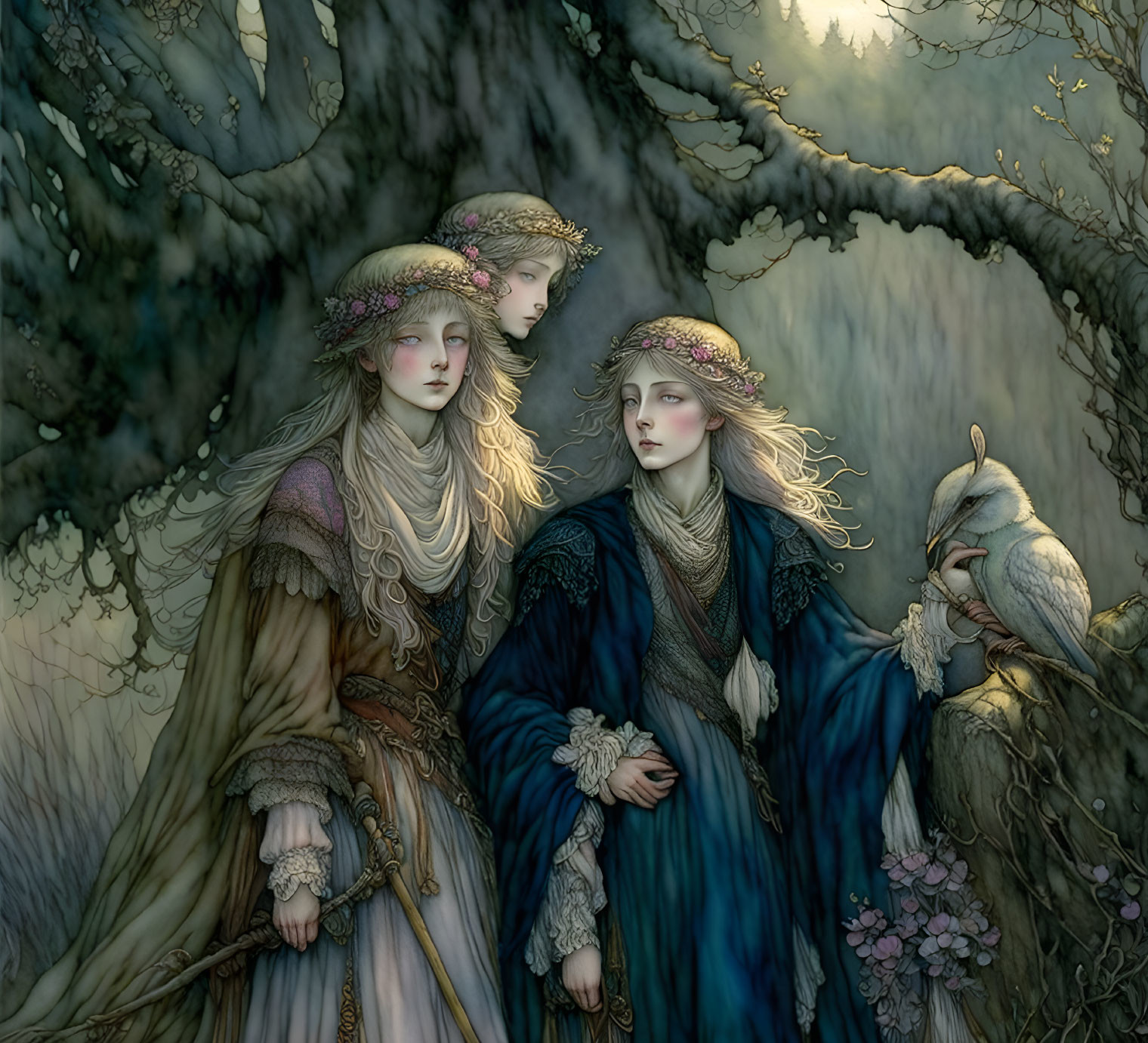 Ethereal women in medieval attire with owl in forest setting