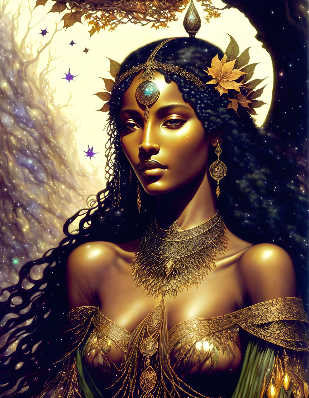 Dark-skinned woman in golden jewelry, surrounded by stars and wearing a leaf crown.