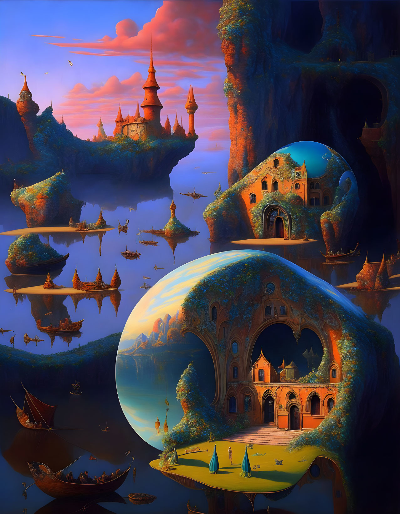 Fantastical landscape with floating islands and surreal bubble scene